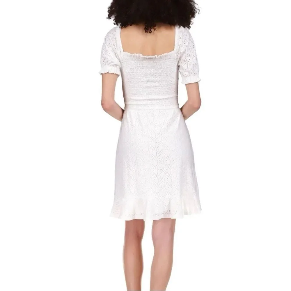 MICHAEL KORS NWT Size L White Eyelet Smocked Puff Sleeve Ruffle Hem Mini Dress